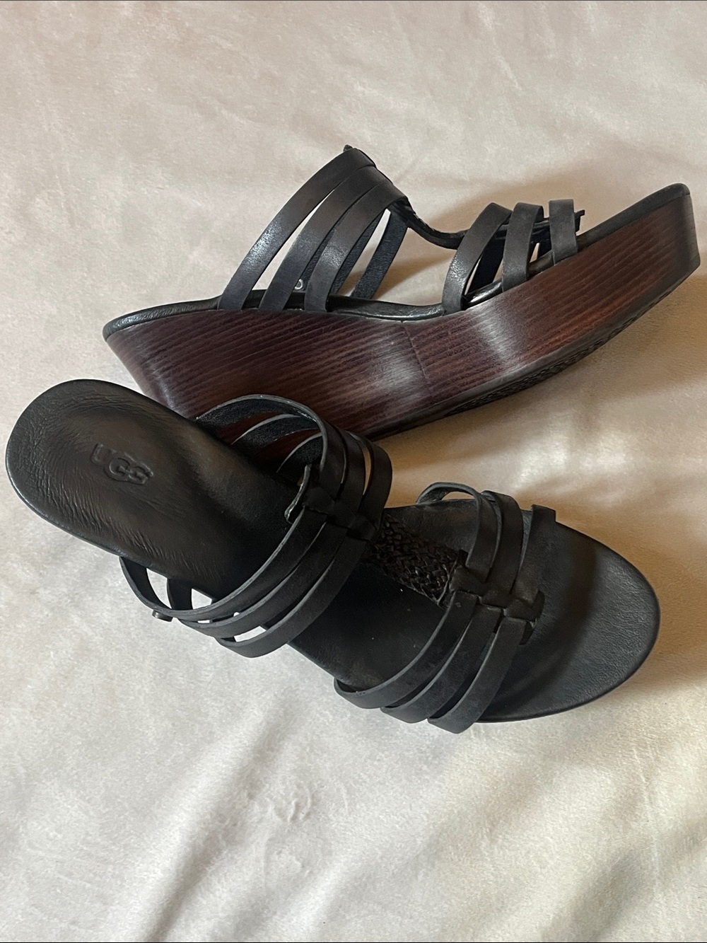 UGG Women's “Mattie” Black Leather Strappy Wedge Sandals Size 8W
